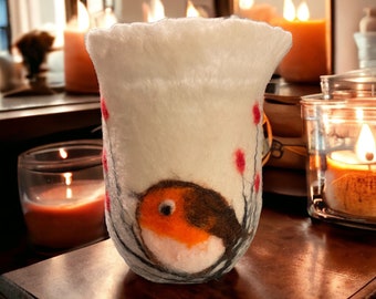 Lantern felted robin in winter