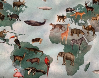 Cotton Fabric Globe Animals por Hilco