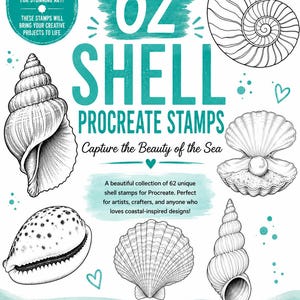 Puede incluir: Gráfico de arte digital con 62 sellos de conchas Procreate. El diseño incluye ilustraciones detalladas en blanco y negro de varias conchas marinas, con texto y acentos turquesa. El texto incluye "Capture the Beauty of the Sea" e "Inspire Your Creativity".