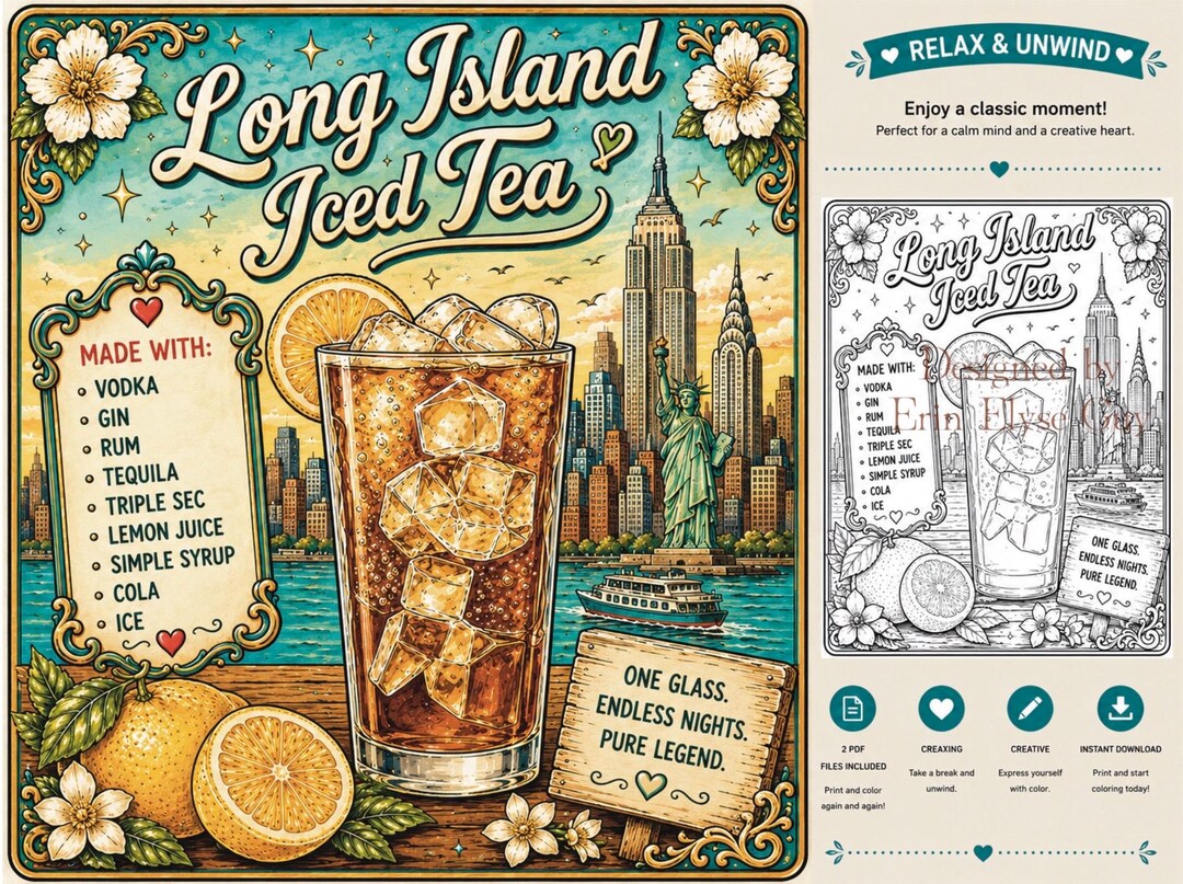 Long Island Iced Tea Coloring Page | NYC Skyline Cocktail Art (digital ...