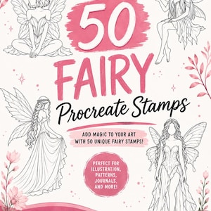 Könnte beinhalten: Ein digitales Produktcover mit dem Titel 50 FAIRY Procreate Stamps, das vier schwarz-weiße Strichzeichnungen von Feen mit Flügeln zeigt. Das Design enthält rosa florale Akzente, das Procreate-App-Symbol und beschreibenden Text.