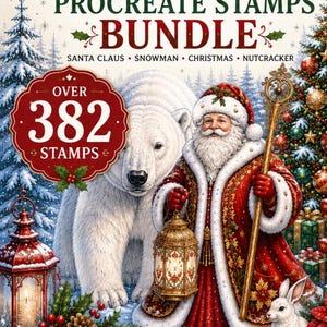 Può includere: Un pacchetto di arte digitale festivo intitolato "CHRISTMAS PROCREATE STAMPS BUNDLE" con Babbo Natale, un orso polare e un albero di Natale. L'immagine include il testo "OVER 382 STAMPS" e "COMPLETE HOLIDAY COLLECTION".