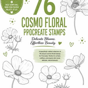 May include: Digital art graphic with 76 cosmos floral Procreate stamps. The design includes line art illustrations of cosmos flowers, with text that reads "Endless Possibilities" and "Delicate Blooms. Effortless Beauty."