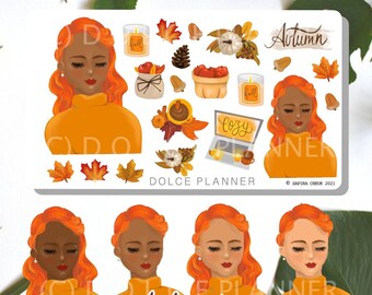 Autumn, Fall, Fallen leaves, Cozy Weather, Thanksgiving, People, Girl Planner and Journal Stickers