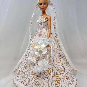 Rose Gold Wedding Dress-11.5&quot; Doll Clothes-Doll Bridal Gown-Gold and White Wedding Dress-Silk Flower Bouquet-Gold Tipped Lace Veil