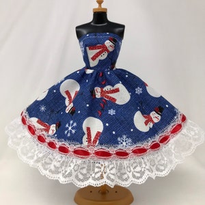 Handmade 11.5&quot; Doll Dress: Winter Snowman Print with Lace