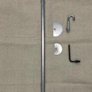 May include: A silver metal pole with a black handle and two metal brackets with hooks. The pole is about 4 feet long.