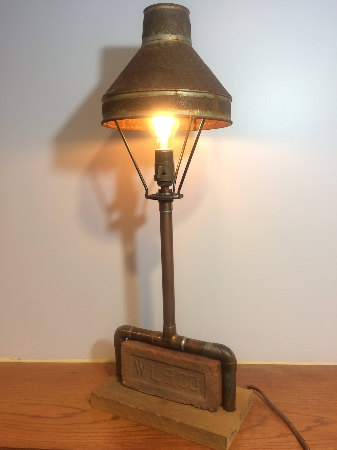 Rustic Industrial Table Lamp Reclaimed Wood, Brick and Copper Vintage