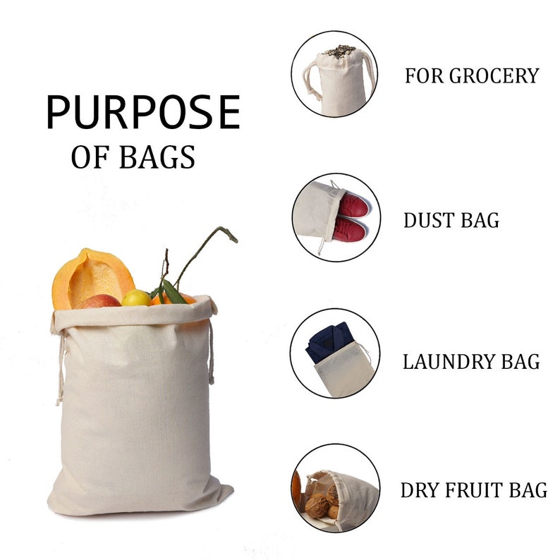 Biglotbags Premium 100% Organic Cotton Double Drawstring Storage Muslin Bag. 145 GSM Cotton Durable Bags Food Storage, Gift & Favor Bags image 8