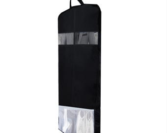 May include: Black garment bag with a clear plastic window to view the contents. The bag has a zipper closure and a handle. There are two clear plastic pockets on the bottom of the bag for shoes.