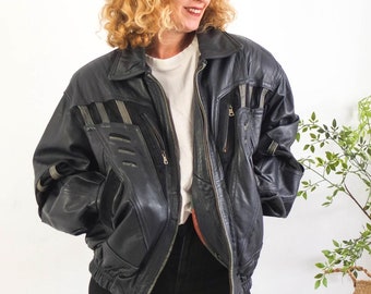 Vintage Black Leather Jacket Oversized Bomber Jacket 80s 90s Vintage Leather Coat Black Leather Retro Etsy