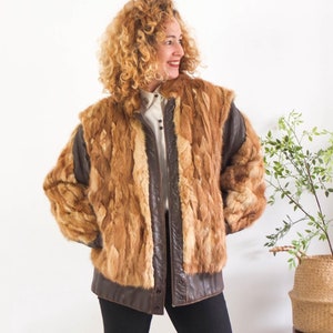 Vintage 80s Fox Fur Jacket, 1980s Leather and Fur Bomber Jacket
