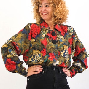 Vintage 80s abstract oversized blouse, 80s crazy print blouse long sleeve, Colorful red printed retro blouse, 80s abstract button up women L