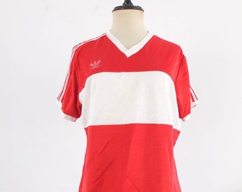 Vintage 90er 80er Jahre rotes Adidas T-Shirt mit kurzen Ärmeln, Vintage Adidas Ringer Trefoil T-Shirt, Rot weiß gestreiftes Retro-T-Shirt, Größe S M