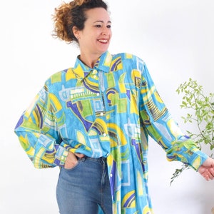 Vintage colorful abstract blouse, 80s 90s retro oversized blouse, Vintage art geometric print blouse long sleeve, Multicolor button up shirt