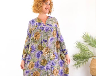 Vintage 70s floral peasant dress, 1970s boho tent dress, 70s prairie peasant smock dress with long sleeve, Vintage midi trapeze dress Size M