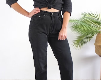 Vintage 80s high waist black jeans, 80s black mom jeans, Vintage tapered leg jeans 27" waist, High rise black denim jeans, Size Small Medium