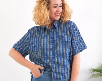Vintage 90s blue plaid shirt with short sleeve, 1990s grunge checked collared button up shirt, 90s oversized plaid button down shirt, M L