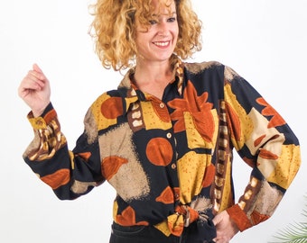 chemise boutonnée grunge vintage des années 90 pour femme, chemise funky surdimensionnée vintage, chemise à imprimé géométrique abstrait rétro des années 90 à manches longues, moyenne