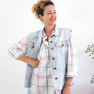 90s Denim Vest Plaid Patchwork Cutoff Jean Jacket 80s
