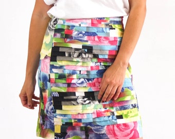 Vintage pop art pencil skirt, 90s bodycon mini skirt, 90s high waist fitted skirt cotton, Summer colorful pencil miniskirt, Size Large