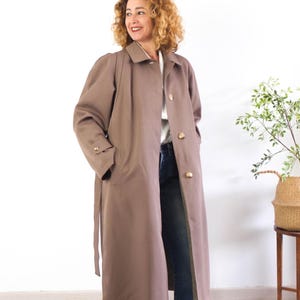 Vintage brown trench coat, 80s button trench coat with belt, Vintage oversized trench coat unisex, 1980s minimal shearling trench coat