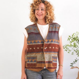 Vintage 90s wool aztec vest, 1990s oversized fleece wool vest, Vintage southwestern navajo button vest, 90s Warm Benetton vest women, Size S