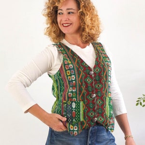 Vintage hippie boho reversible vest, Vintage woven cotton waistcoat vest, 80s 70s floral folk vest, Southwestern hippie ethnic vest size S M