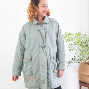 Vintage 90er Jahre Retro Steppmantel, Blaugrüner Parka Mantel für Frauen, Vintage übergroßer Anorak gesteppter Daunenmantel, 90er Jahre Streetwear-Pufferjacke