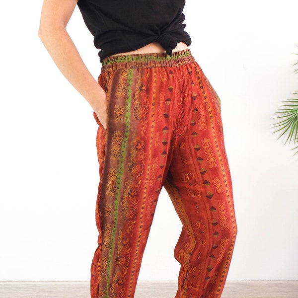 Vintage 90s boho baggy pants, 90s harem print pants with elastic waist, Lounge hippie hammer pants women, Retro indian ethnic floral pants