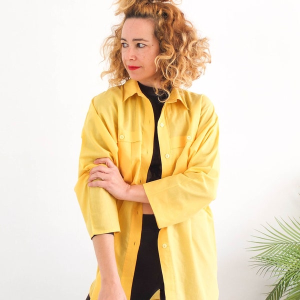 chemise surdimensionnée en coton vintage des années 80, chemise boutonnée jaune rétro des années 80, chemise boutonnée ample vintage décontractée, chemise grunge hipster des années 80