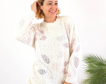 Vintage 90s 80s pastel floral sweater size small, 1980s ladies retro sweater, Vintage cotton boiled knit sweater top, Oversized knit sweater