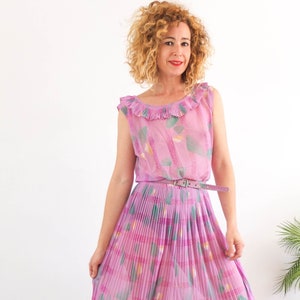 Vintage 80s pleated sundress set, 80s abstract sheer sundress, Geometric print dress and cardigan set, 80s chiffon two pieces dress set