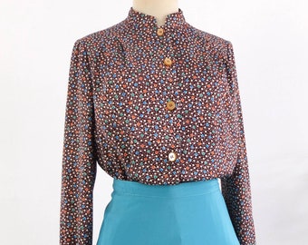 Blusa vintage marrón de los años 70 con botones, blusa con estampado gráfico de lunares de los años 70, blusa bohemia de manga larga con botones de los años 70, blusa campesina con cuello mandarín
