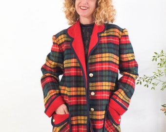 Vintage plaid wool short coat, 80s tartan plaid wool jacket coat, Vintage retro wool coat women, Warm winter oversized boxy peacoat, L XL
