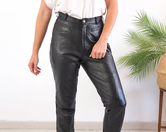 Pantalones de cuero negro vintage de los años 80, pantalones de cuero vintage de cintura alta, pantalones de cuero genuino negro para mujer de 30", pantalones de motociclista, talla M