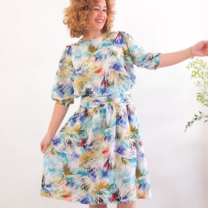 Vintage 1980s Avant Garde colorful dress, 80s retro party cocktail dress, New Wave ruched pleated dress, 80s loose fit blouson dress, M - L