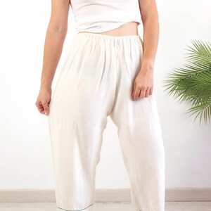 Vintage 80s white pajama pants, 80s lounge pants women, Vintage wide crop pants with elastic waist, Vintage lingerie pyjama sleep pants