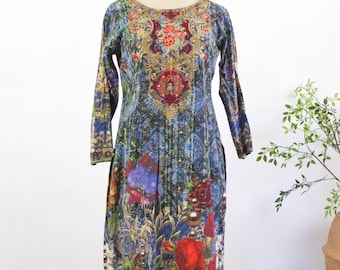 Vintage Indian embroidered tunic dress, 90s Bohemian indian tunic dress, Indian baroque novelty print tunic top, 90s boho kaftan top dress M