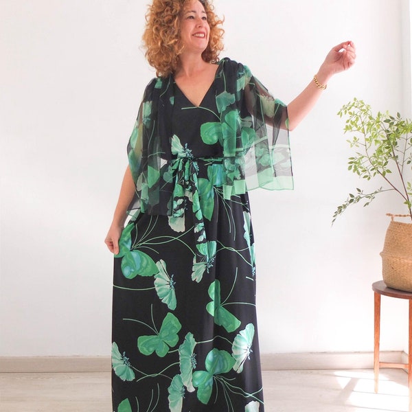 Vintage svart kapklänning från 70-talet, maxiklänning för fest från 70-talet, grön blommig maxiklänning från 1970-talet, svart vintage balklänning för kvinnor plus storlek XL