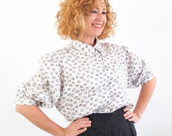 Vintage 80er Jahre Sekretärin weiße Bluse, 80er Jahre Puffärmel abstrakte Bluse, Schwarz weiße Sommer Retro Bluse, Vintage Retro BüroBluse, Größe L