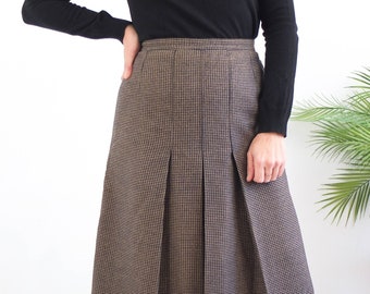 Vintage plaid wool pleated skirt, Warm winter houndstooth wool skirt, 80s 70s plaid pleated a line skirt, Vintage high waist wool midi skirt