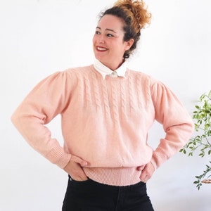 Vintage 80s pink wool mohair sweater with puff sleeve, 80s ladies retro sweater, Plain basic soft fuzzy cable knit sweater, Size Medium