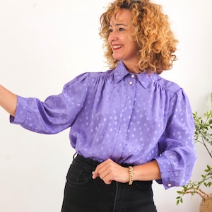 Vintage 80s retro purple blouse, 1980s New wave puff sleeve blouse, Vintage button up peplum blouse, 80s purple secretary blouse, Size M L