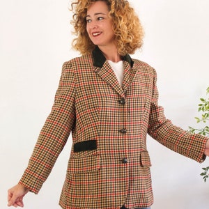Vintage 90s oversized wool blazer for women, 90s wool plaid houndstooth blazer, Vintage brown check blazer jacket academy style, size M