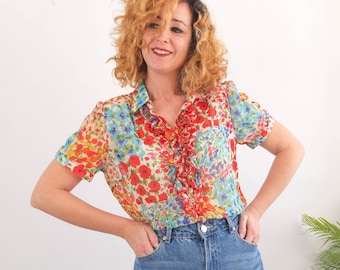 Vintage 90s ruffled floral sheer blouse, Vintage short sleeve sheer blouse, 90s ruffled neck top, Summer jabot collar blouse, Size Medium