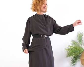 Vintage 80s puff sleeve midi dress, Long sleeve secretary dress, Black charcoal dress, 80s blouson dress, Preppy office dress Avantgarde, 2X