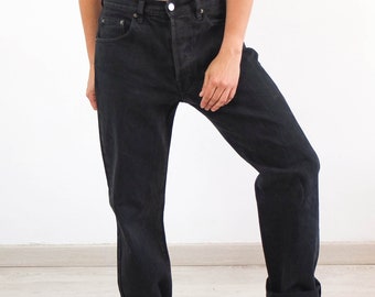 Vintage 90s black straight leg jeans, 90s boyfriend relaxed fit jeans women, 90s high waist regular fit jeans in black size M L, Size 32&quot;