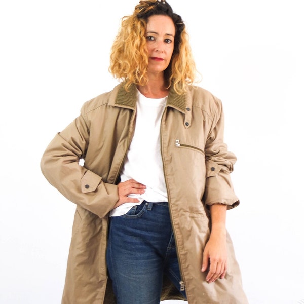 manteau parka en sherpa marron vintage des années 80, veste parka surdimensionnée des années 80, parka vintage rétro avec doublure en fourrure pour femmes, anorak utilitaire minimaliste grande taille