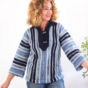 Vintage 70s boho wool sweater women, Vintage blue striped wool sweater, 70s seventies hippie chunky knit sweater bell sleeve, Size Small
